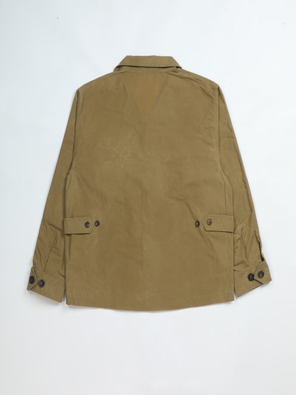 Back view of the NR Napoli TARGA Jacket in beige waxed cotton with adjustable side button tabs.