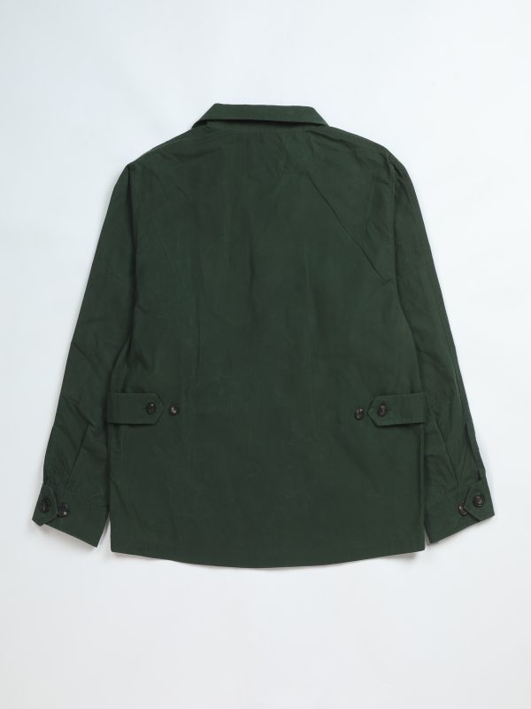 Back view of the NR Napoli TARGA Jacket in olive waxed cotton with adjustable side button tabs.