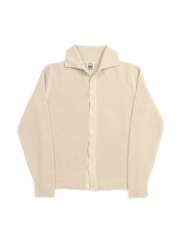NR NAPOLI MARECHIARO beige Cashwool cardigan with a dense textured knit, polo collar and button front, shown on a white background.