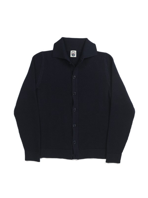 NR NAPOLI MARECHIARO navy Cashwool cardigan with a dense textured knit, polo collar and button front, shown on a white background.