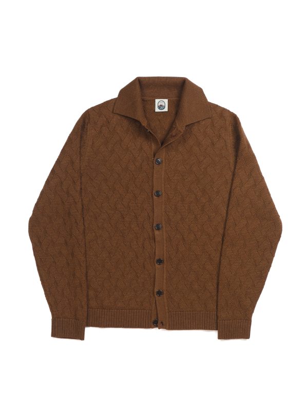 NR NAPOLI SANITÀ brown Cashwool cardigan with an interlocking diamond pattern, polo collar and button front, shown on a white background.