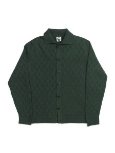 NR NAPOLI SANITÀ green Cashwool cardigan with an interlocking diamond pattern, polo collar and button front, shown on a white background.