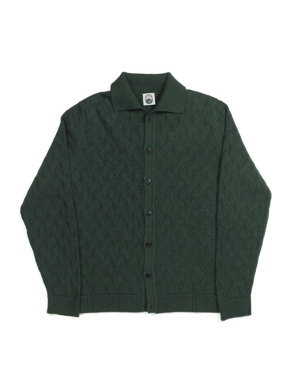 NR NAPOLI SANITÀ green Cashwool cardigan with an interlocking diamond pattern, polo collar and button front, shown on a white background.