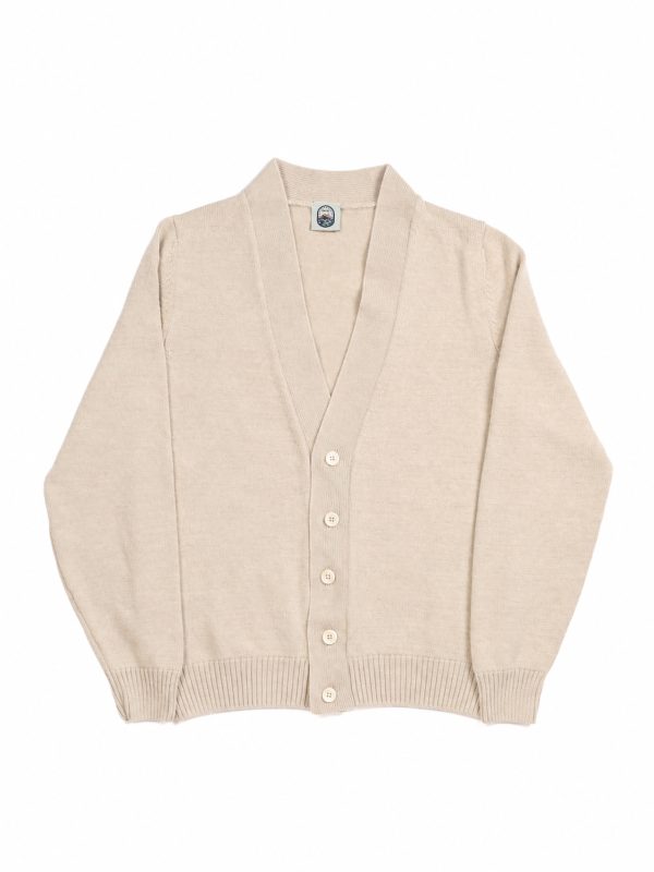 NR NAPOLI VOMERO beige Cashwool cardigan with a deep V-neck, wide front band and low five-button fastening, front view on a white background.