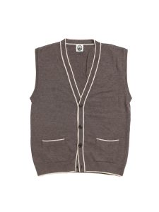 NR NAPOLI PORTICI brown Cashwool knit vest with light contrast trims, a V-neck, button front and two patch pockets, shown on a white background.