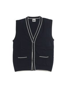 NR NAPOLI PORTICI navy Cashwool knit vest with light contrast trims, a V-neck, button front and two patch pockets, shown on a white background.