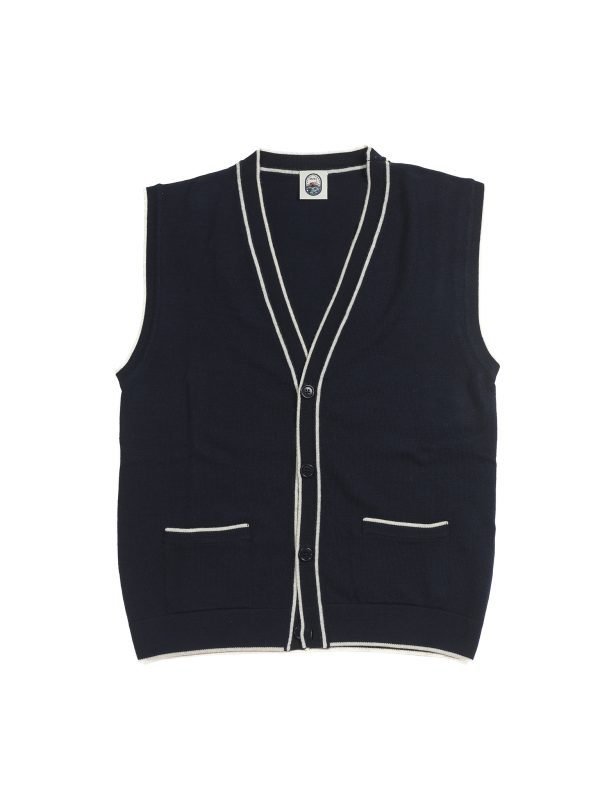 NR NAPOLI PORTICI navy Cashwool knit vest with light contrast trims, a V-neck, button front and two patch pockets, shown on a white background.
