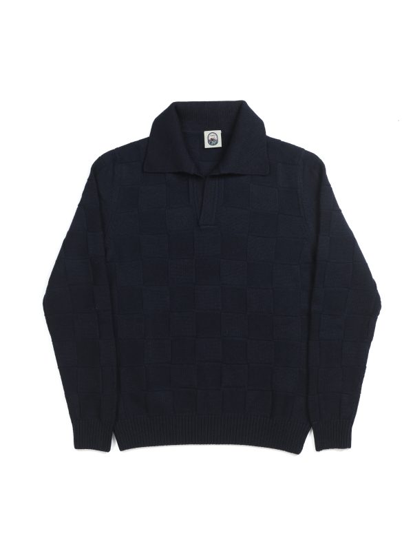 NR NAPOLI CHIAIA navy Cashwool polo with a textured square pattern, long sleeves and an open collar, front view on a white background.